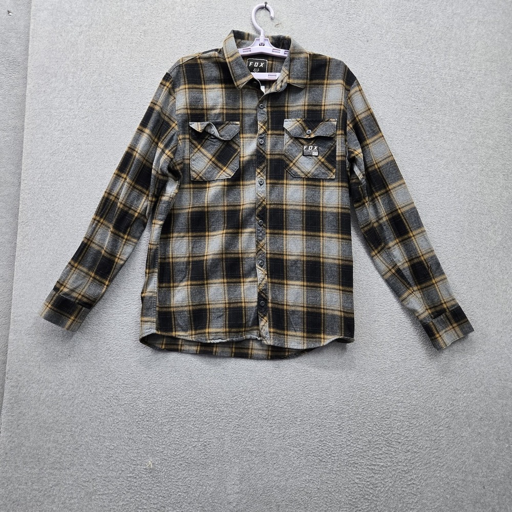 Fox Men Button Up Shirt L Yellow Plaid Flannel Grunge Long Sleeve Pockets Collar